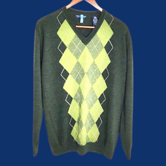 John Ashford Sz LG Vintage Green Argyle Golf Sweater V-Neck Italian Merino Wool - Picture 9 of 9